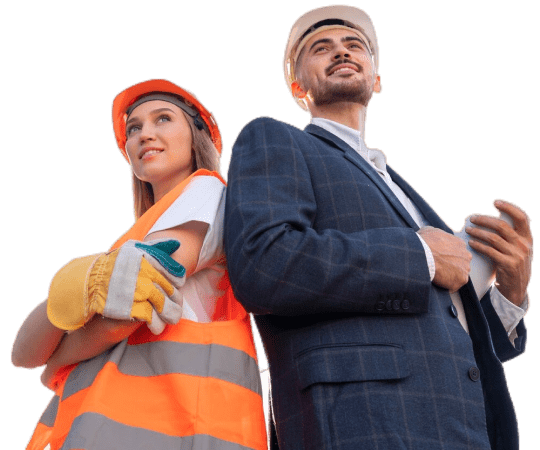 Construction worker and businessman pose together.