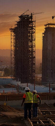 Construction workers at sunset.