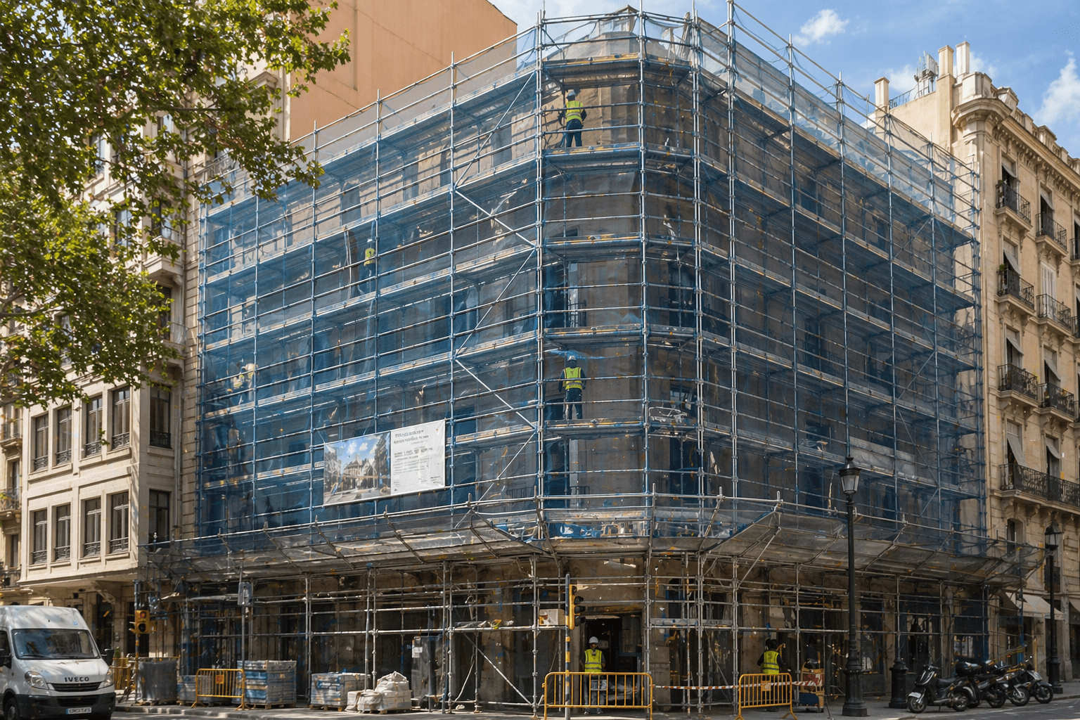 Andamio europeo tubular instalado en fachada residencial en Barcelona