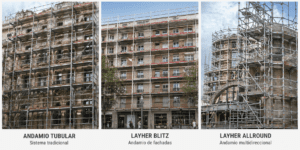 comparativa andamios para rehabilitación de fachada — tubular, Blitz y Allround