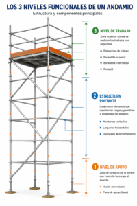 estructura de un andamio — tres niveles funcionales apoyo, estructura portante y trabajo