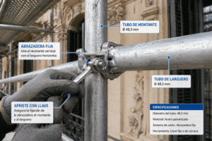 partes andamio tubular — detalle de abrazadera, montante y larguero horizontal