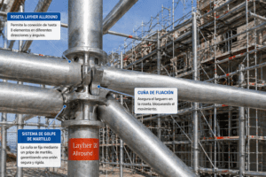 piezas andamio multidireccional Layher Allround — roseta con largueros conectados en distintos ángulos